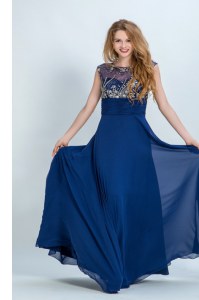 Excellent Scoop Sleeveless Floor Length Beading Zipper Mother of the Bride Dress with Navy Blue