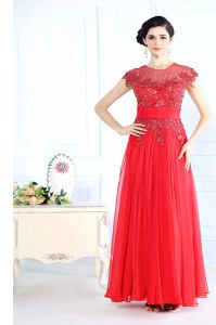 Scoop Coral Red Sleeveless Beading Floor Length Mother of the Bride Dress