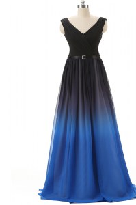 Unique V-neck Sleeveless Brush Train Lace Up Mother of Groom Dress Blue And Black Chiffon