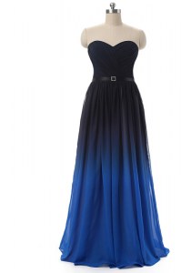 Attractive Sleeveless Chiffon Floor Length Lace Up Mother of Bride Dresses in Blue And Black with Ruching and Belt