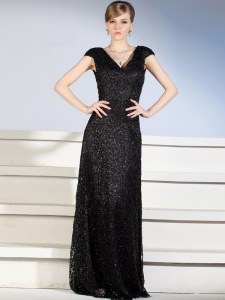 Pretty Black Column/Sheath Beading and Lace Mother Dresses Side Zipper Lace Cap Sleeves With Train
