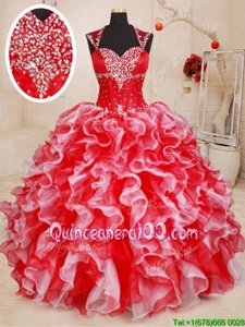 Exceptional Straps Straps Beading and Ruffles 15 Quinceanera Dress White and Red Lace Up Sleeveless Floor Length