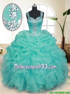 Decent Straps Straps Sleeveless Floor Length Beading and Ruffles and Pick Ups Zipper Sweet 16 Dresses with Turquoise