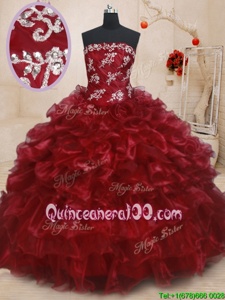 On Sale Ruffled Floor Length Burgundy 15 Quinceanera Dress Strapless Sleeveless Lace Up