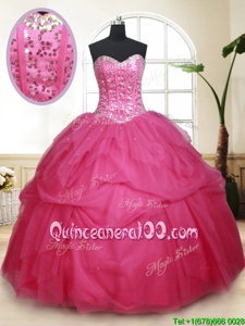 Top Selling Floor Length Hot Pink Quinceanera Gowns Tulle Sleeveless Spring and Summer and Fall and Winter Beading and Ruffles and Sequins