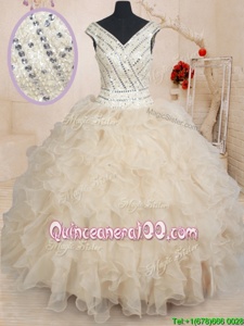 Nice Champagne 15 Quinceanera Dress Military Ball and Sweet 16 and Quinceanera and For withBeading and Ruffles and Sequins V-neck Cap Sleeves Zipper
