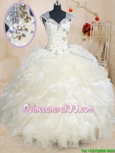 Decent Straps Straps Cap Sleeves Beading and Ruffles Zipper Quince Ball Gowns