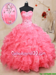 Superior Sleeveless Organza Floor Length Lace Up Sweet 16 Quinceanera Dress inWatermelon Red forSpring and Summer and Fall and Winter withBeading and Ruffles