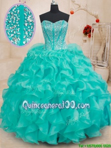 Dynamic Turquoise Lace Up Quince Ball Gowns Beading and Ruffles Sleeveless Floor Length