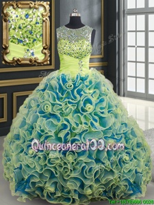 Great Scoop Yellow Green Organza Lace Up Ball Gown Prom Dress Sleeveless Brush Train Beading and Sequins