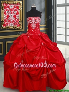Exceptional Floor Length Red Sweet 16 Dresses Taffeta Sleeveless Spring and Summer and Fall and Winter Beading and Pick Ups