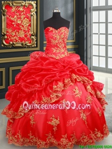 Admirable Sleeveless Satin and Organza Floor Length Lace Up Quinceanera Gowns inRed forSpring and Summer and Fall and Winter withBeading and Appliques and Pick Ups