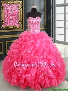 Affordable Sweetheart Sleeveless Quinceanera Dresses Floor Length Beading and Ruffles and Sequins Hot Pink Organza