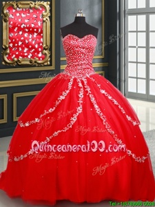 Beautiful Red Sleeveless Beading and Appliques Lace Up Sweet 16 Dresses