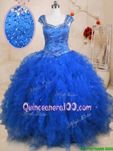 Affordable Straps Straps Blue Ball Gowns Beading and Ruffles Quinceanera Gown Lace Up Tulle Cap Sleeves Floor Length