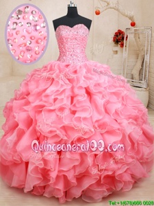 Shining Watermelon Red Sleeveless Floor Length Beading and Ruffles Lace Up Quinceanera Gown