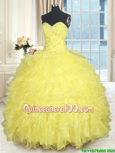 New Arrival Yellow Organza Lace Up Ball Gown Prom Dress Sleeveless Floor Length Beading and Ruffles