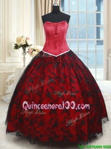Top Selling Black and Red Ball Gowns Strapless Sleeveless Lace Floor Length Lace Up Lace Sweet 16 Dress