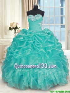 Luxury Sweetheart Sleeveless Quinceanera Gown Floor Length Beading and Ruffles Turquoise Organza