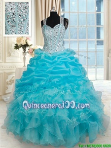 Unique Straps Straps Floor Length Aqua Blue Ball Gown Prom Dress Organza Sleeveless Spring and Summer and Fall and Winter Beading and Ruffles and Pick Ups