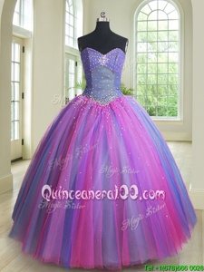 Perfect Multi-color Ball Gowns Sweetheart Sleeveless Tulle Floor Length Lace Up Beading 15 Quinceanera Dress
