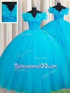 Traditional Off the Shoulder Baby Blue Lace Up Sweet 16 Dresses Hand Made Flower Sleeveless Court Train
