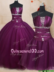 Popular Three Piece Dark Purple Ball Gowns Strapless Sleeveless Tulle Floor Length Lace Up Beading Sweet 16 Dresses
