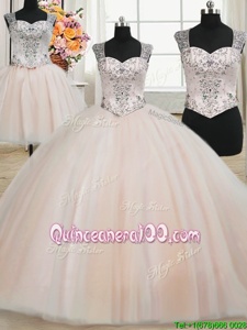 Cheap Three Piece Straps Straps Beading Quinceanera Gown Pink Zipper Sleeveless Floor Length
