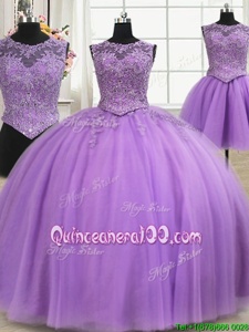 Eye-catching Three Piece Scoop Floor Length Lace Up Sweet 16 Quinceanera Dress Lilac and In forMilitary Ball and Sweet 16 and Quinceanera withBeading and Appliques