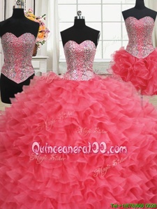Three Piece Coral Red Organza Lace Up Ball Gown Prom Dress Sleeveless Floor Length Beading and Ruffles
