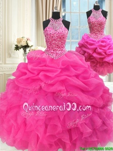 Three Piece Pick Ups Floor Length Hot Pink Quince Ball Gowns Halter Top Sleeveless Lace Up