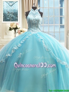 Aqua Blue Tulle Lace Up Halter Top Sleeveless Floor Length 15 Quinceanera Dress Beading and Lace and Appliques