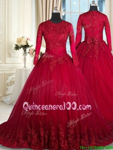 Affordable Wine Red Scoop Clasp Handle Beading and Lace and Bowknot Quinceanera Dresses Long Sleeves