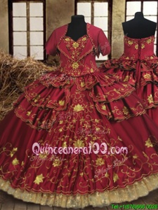 Hot Selling Wine Red Sweetheart Neckline Beading and Embroidery and Ruffled Layers 15th Birthday Dress Sleeveless Lace Up