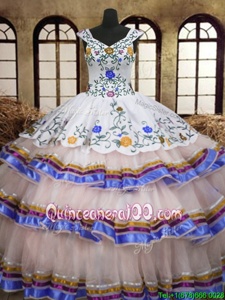 Fashion White Lace Up Straps Embroidery and Ruffled Layers Quinceanera Gowns Organza and Taffeta Sleeveless