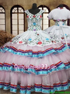 Ideal White Quinceanera Dresses Military Ball and Sweet 16 and Quinceanera and For withEmbroidery and Ruffled Layers Straps Sleeveless Lace Up