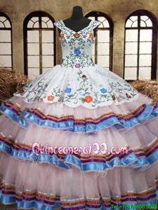 Perfect White Organza and Taffeta Lace Up Straps Sleeveless Floor Length Quinceanera Gown Embroidery and Ruffled Layers