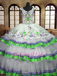 Enchanting Straps Straps White Sleeveless Embroidery and Ruffled Layers Floor Length Quinceanera Gown