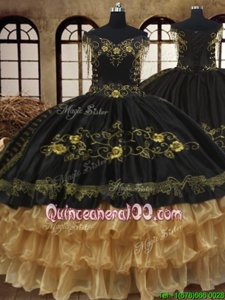 Off the Shoulder Black and Gold Sleeveless Floor Length Beading and Embroidery and Ruffled Layers Lace Up Sweet 16 Quinceanera Dress