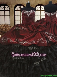 Elegant Floor Length Black and Wine Red 15 Quinceanera Dress Organza and Taffeta Sleeveless Spring and Summer and Fall and Winter Beading and Embroidery and Ruffled Layers