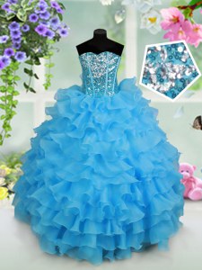 Trendy Sleeveless Organza Floor Length Lace Up Pageant Dress for Girls in Baby Blue with Beading and Ruffled Layers and Sequins