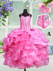 Custom Fit Straps Rose Pink Organza Lace Up Little Girls Pageant Gowns Sleeveless Floor Length Beading and Ruffles and Pick Ups
