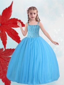 Baby Blue Taffeta and Tulle Lace Up Straps Sleeveless Floor Length Little Girls Pageant Gowns Beading