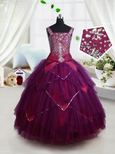 Square Dark Purple Sleeveless Floor Length Beading and Ruffles and Belt Lace Up Custom Made Pageant Dress