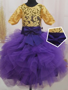 Ball Gowns Little Girl Pageant Gowns Eggplant Purple and Gold Scoop Tulle Short Sleeves Mini Length Zipper
