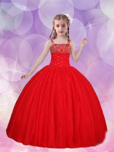 Dazzling Straps Sleeveless Little Girl Pageant Dress Floor Length Beading Red Tulle