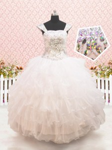 Straps Cap Sleeves Floor Length Beading and Ruffled Layers Lace Up Flower Girl Dresses for Less with White