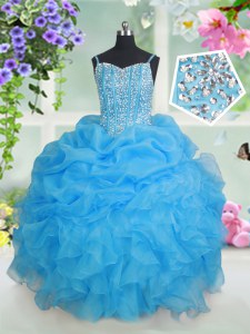 Exquisite Baby Blue Lace Up Spaghetti Straps Beading and Ruffles and Pick Ups Little Girls Pageant Dress Wholesale Organza Sleeveless
