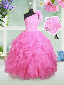 One Shoulder Sleeveless Floor Length Beading and Ruffles and Hand Made Flower Lace Up Glitz Pageant Dress with Rose Pink