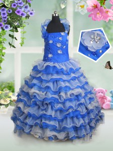 Organza Halter Top Sleeveless Lace Up Beading and Appliques and Ruffled Layers Pageant Dress Toddler in Blue And White